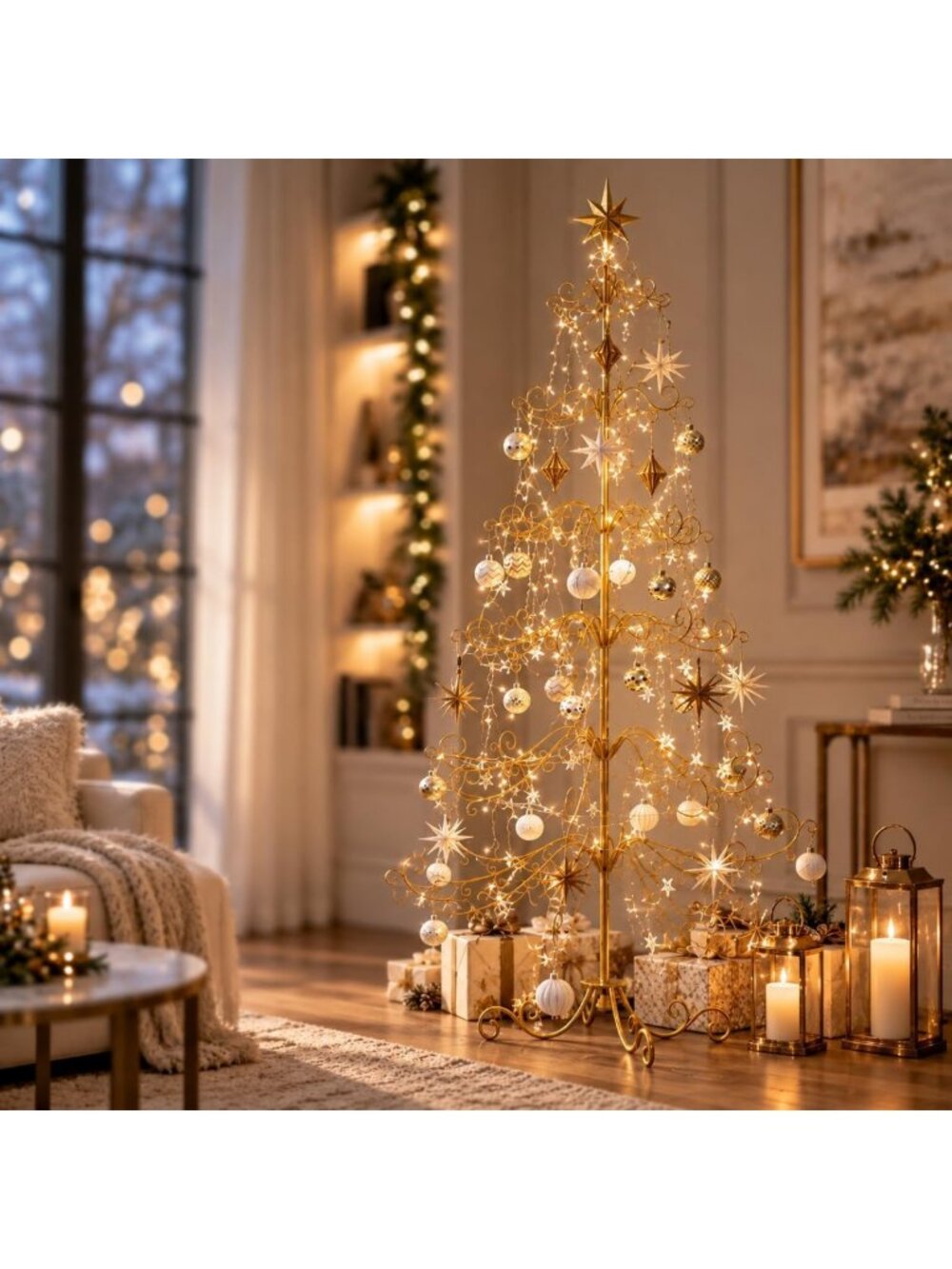 Gold Wrought Iron Ornament Display Tree Stand - 6.4FT Freestanding Holiday Decor